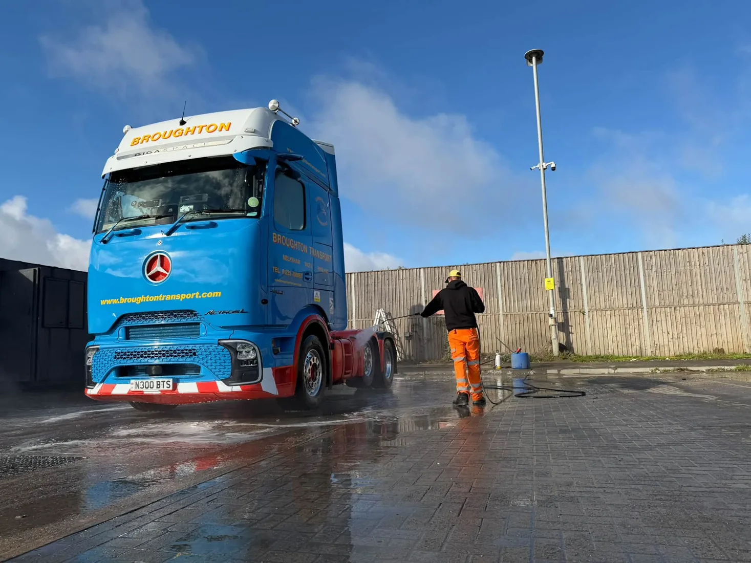 Blue Mercedes HGV at the wash